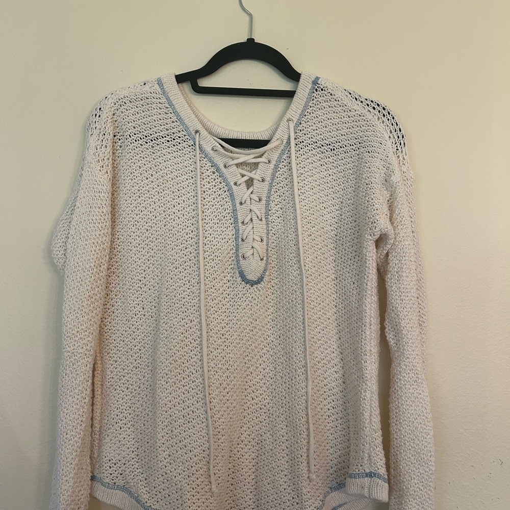 White Knit Sweater with Lace-Up Detail